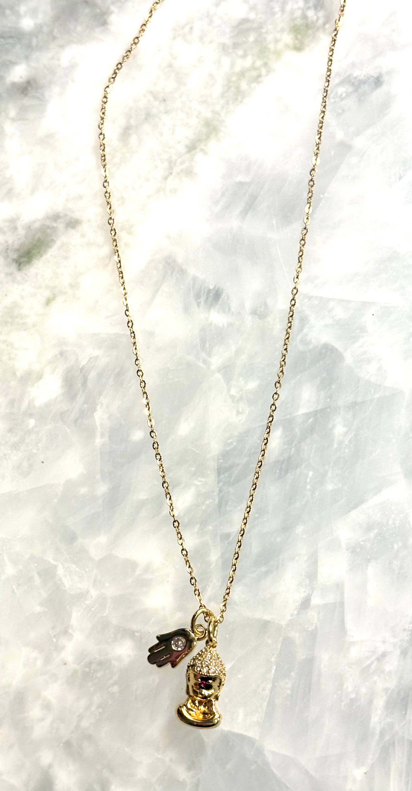 Gold Mini Buddha with mini gold Hamsa Necklace