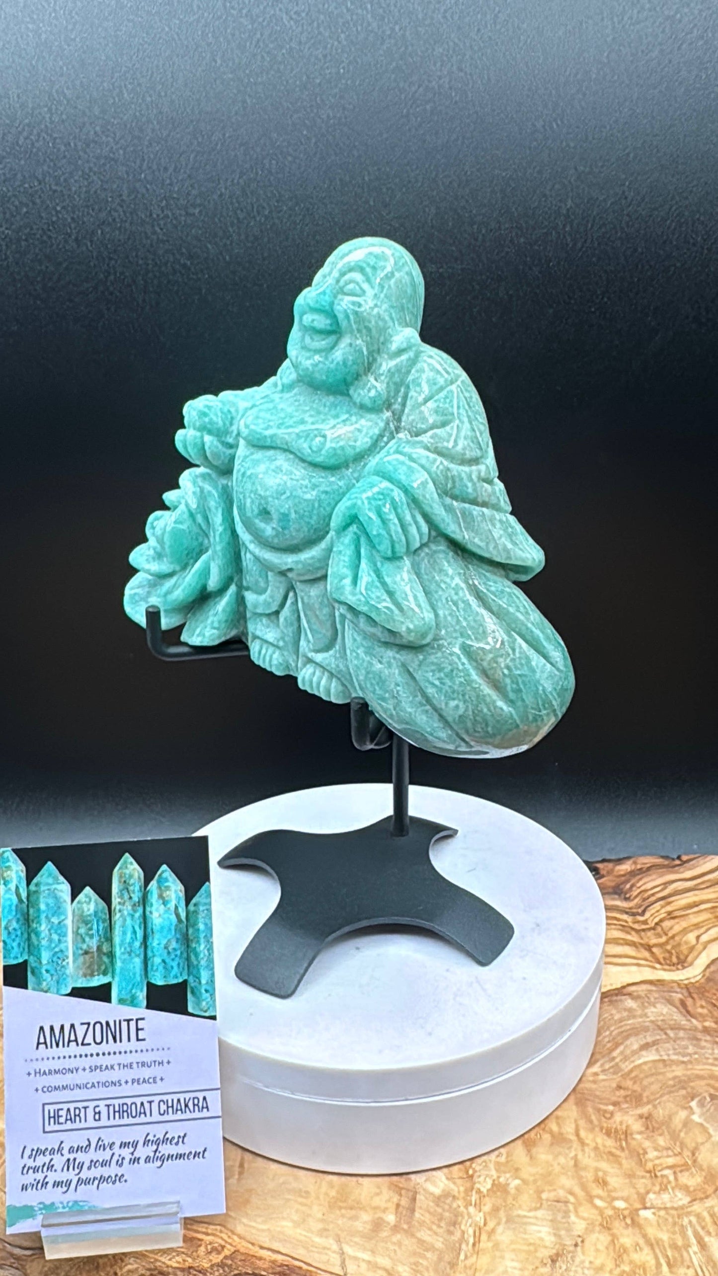 Amazonite Laughing Happy Buddha & Rose Carving L325