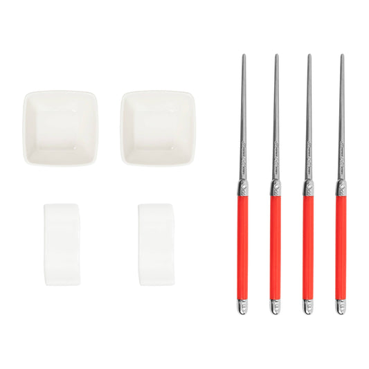 Red Chopsticks & Ceramic Rests with Sauce Bowls Set, 2 Pairs