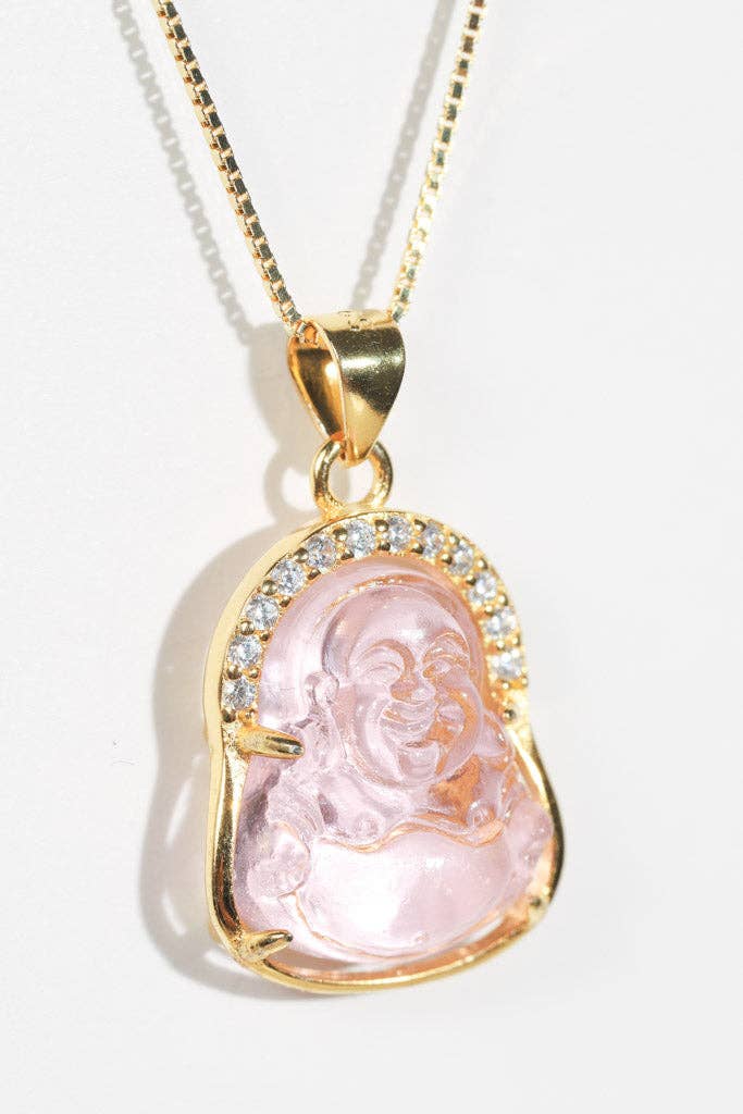 Mini Buddah Charm Necklace - Rose or Clear Quartz