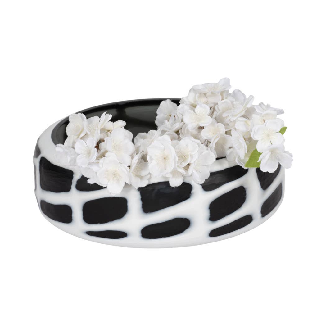 Decorative Bowl - Black/White Glass Abstract Pattern, 15 in.