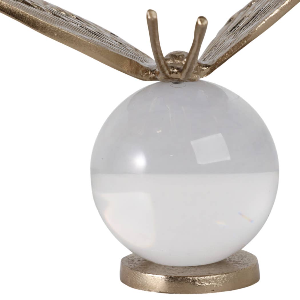 Decorative Object - Gold Metal Butterfly on Glass Orb, 8 in.