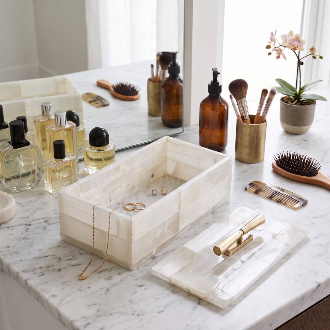 Decorative Box - White Selenite Stone with Gold Top