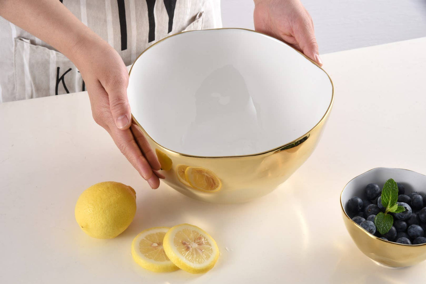 Large Gold and White Porcelain Bowl