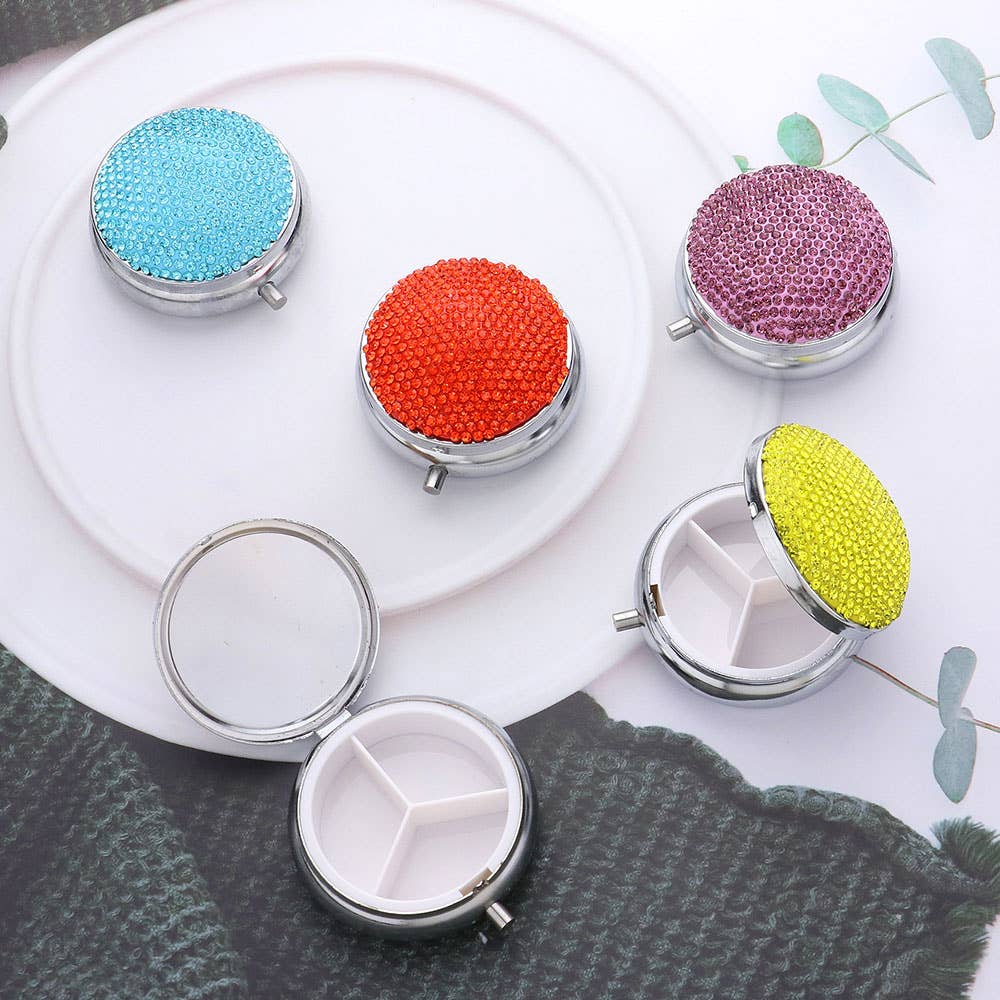Bling Round Mirror Compact Pill Organizer Case