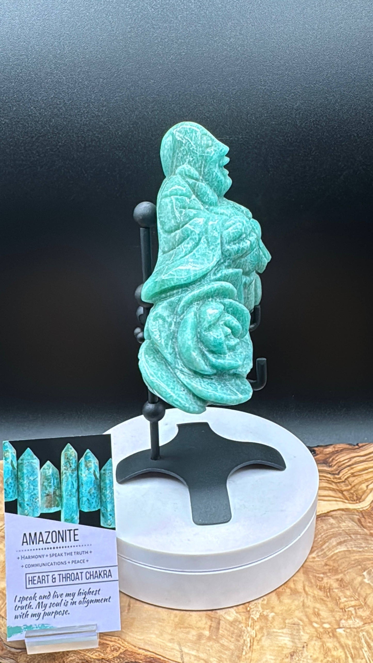 Amazonite Laughing Happy Buddha & Rose Carving L325