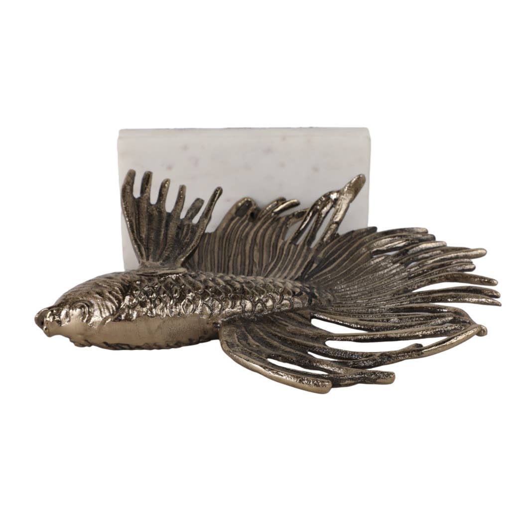 Sculpture - Gold Metal Accomac Fish on Marble Stand