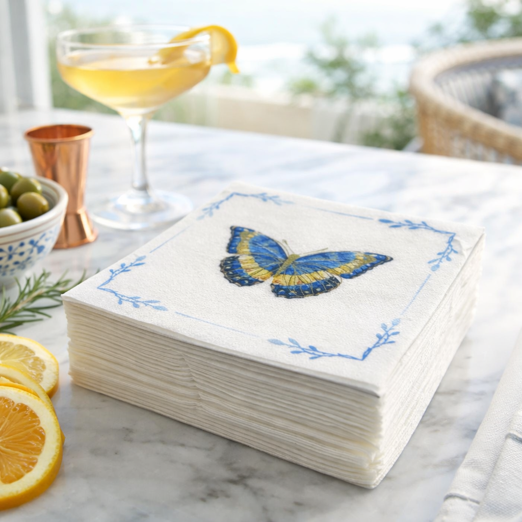 Linen-Feel Cocktail Napkins, Blue Butterfly