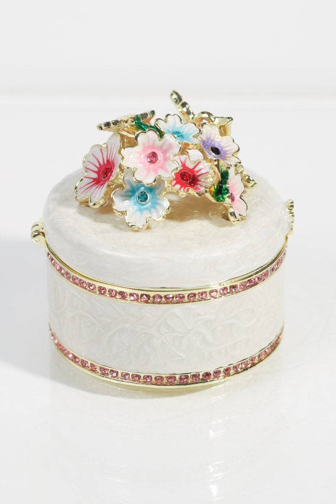 White Enamel Floral Jewelry Box with Butterfly