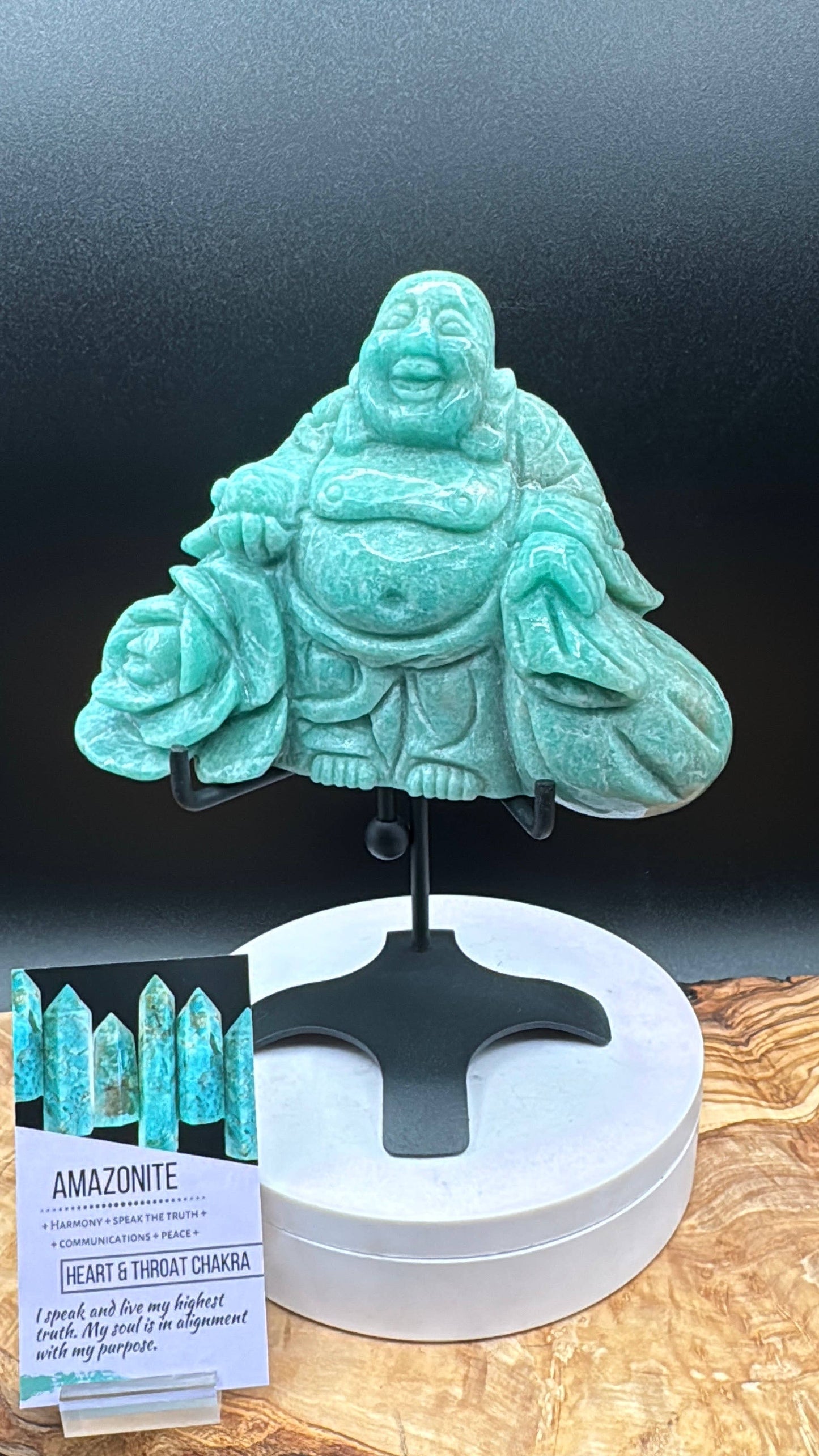 Amazonite Laughing Happy Buddha & Rose Carving L325